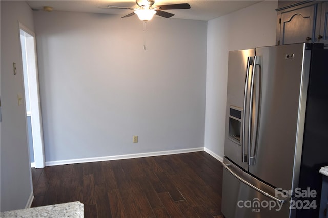 kitchen featuring a textured ceiling, ceiling fan, dark wood-type flooring, and stainless steel refrigerator with ice dispenser