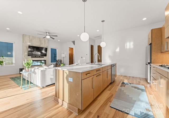 kitchen featuring stainless steel appliances, a kitchen island with sink, ceiling fan, pendant lighting, and light hardwood / wood-style flooring