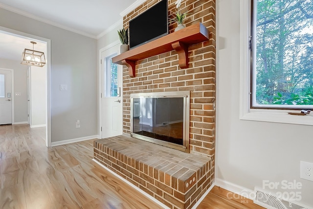 interior details featuring wood-type flooring and crown molding