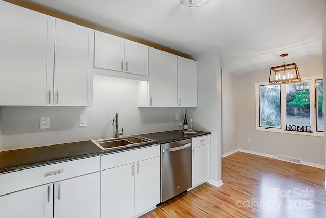 kitchen featuring white cabinetry, sink, stainless steel dishwasher, and decorative light fixtures