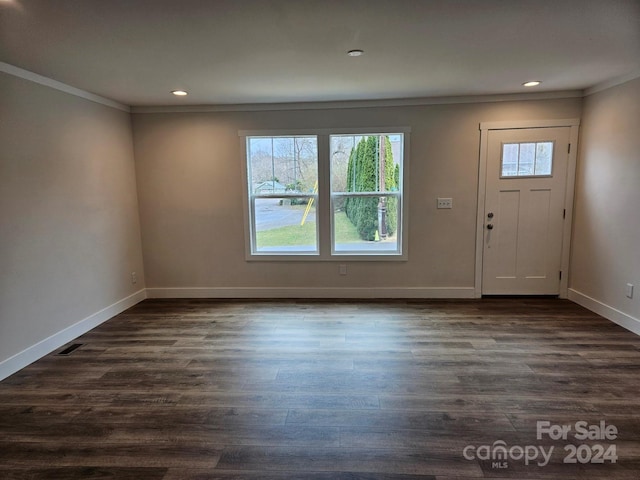 entryway featuring crown molding and dark wood-type flooring