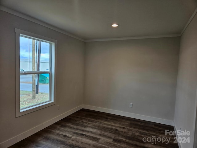 unfurnished room featuring crown molding and dark wood-type flooring