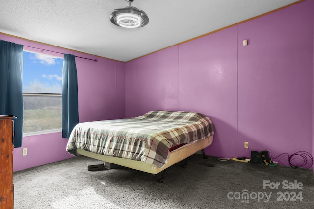 bedroom with multiple windows, carpet floors, and a textured ceiling