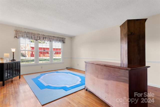 bedroom featuring wood-type flooring and a textured ceiling