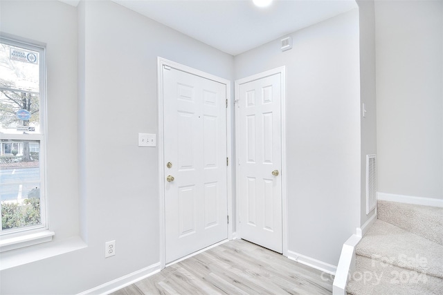 foyer entrance featuring a wealth of natural light and light hardwood / wood-style flooring