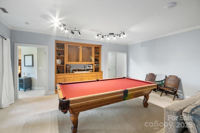 recreation room with crown molding, light colored carpet, rail lighting, and pool table