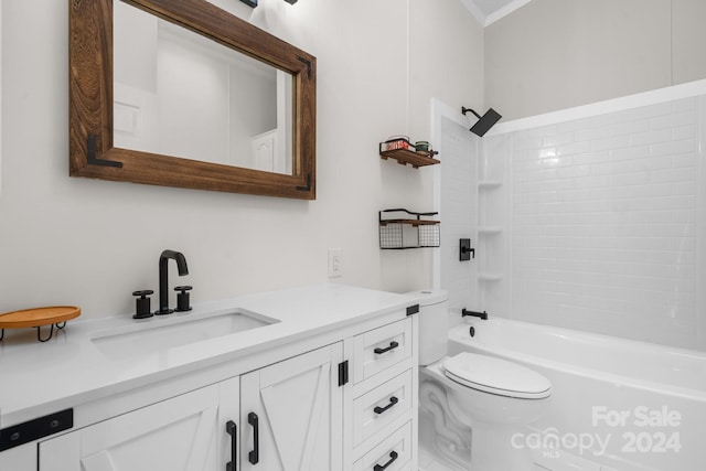 full bathroom with vanity, toilet,  shower combination, and crown molding