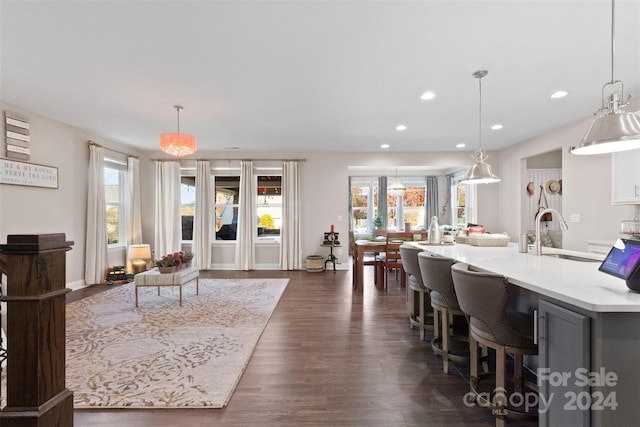 living room featuring dark hardwood / wood-style floors, a wealth of natural light, and sink