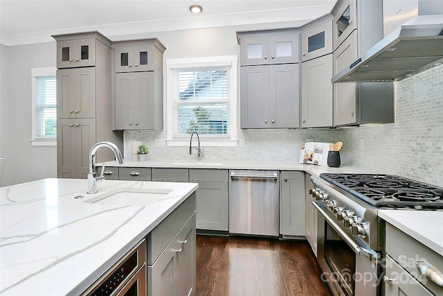 kitchen featuring ventilation hood, a wealth of natural light, sink, and appliances with stainless steel finishes