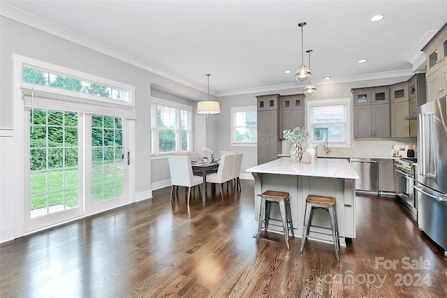 kitchen featuring plenty of natural light, a kitchen island, and stainless steel appliances