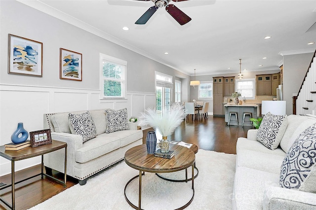 living room with dark hardwood / wood-style floors, ceiling fan, and crown molding