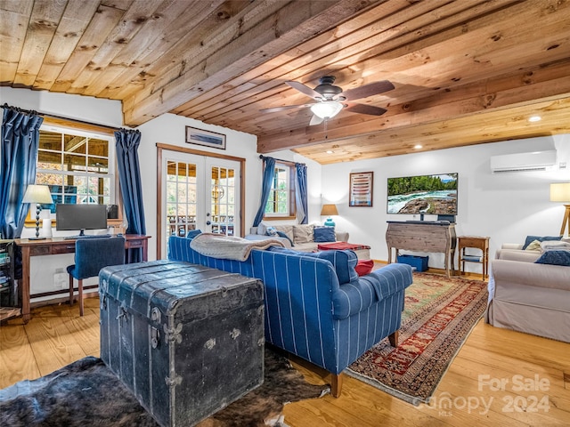 living room with an AC wall unit, french doors, wooden ceiling, and hardwood / wood-style flooring