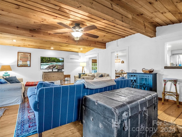 living room with hardwood / wood-style floors, a wall unit AC, ceiling fan, and wood ceiling