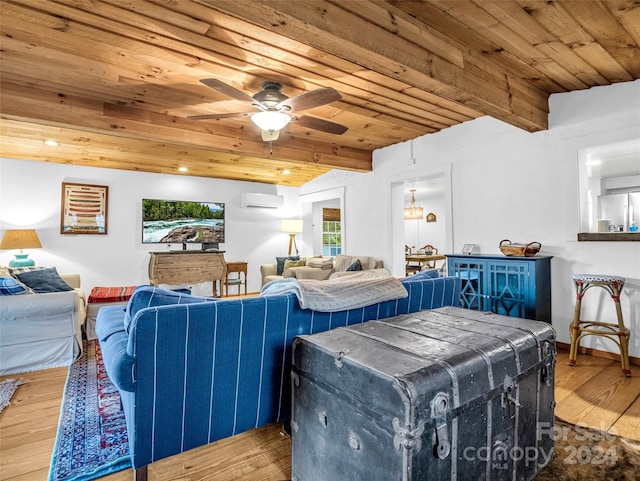 291 Tryon Bay Cir, Lake Lure, NC 28746 - living area featuring wooden ceiling, an AC wall unit, hardwood / wood-style flooring, and ceiling fan
