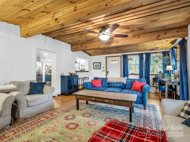 living room with ceiling fan, lofted ceiling, wood ceiling, and light hardwood / wood-style flooring