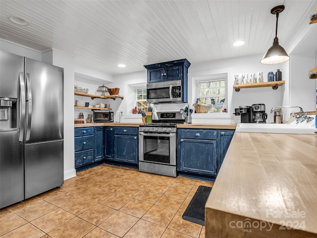 291 Tryon Bay Cir, Lake Lure, NC 28746 - kitchen featuring appliances with stainless steel finishes, open shelves, blue cabinetry, recessed lighting, and wooden ceiling