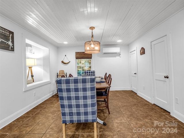 tiled dining room with a wall unit AC and wood ceiling