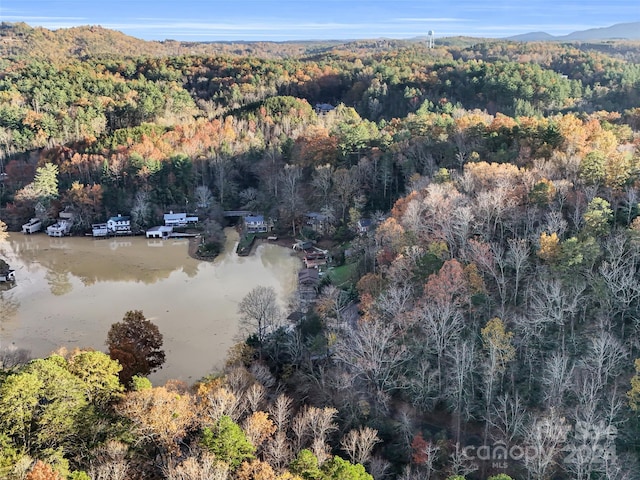 drone / aerial view with a water and mountain view