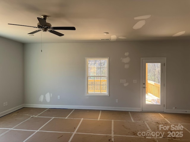 spare room featuring visible vents, baseboards, and a ceiling fan