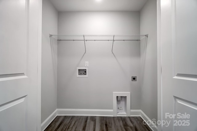 washroom featuring laundry area, baseboards, dark wood-type flooring, hookup for a washing machine, and electric dryer hookup