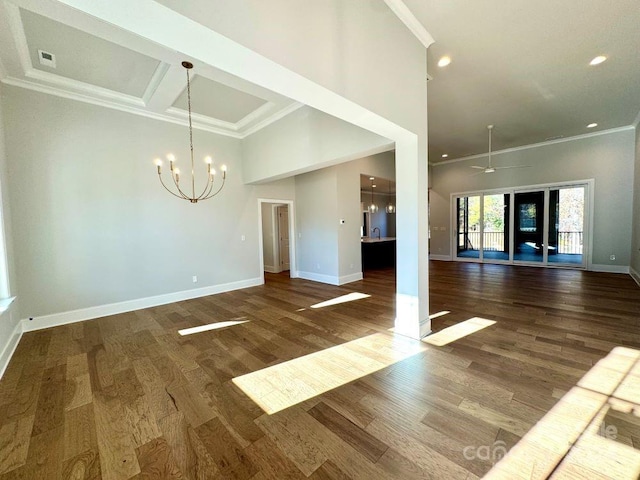 interior space with dark hardwood / wood-style floors, beam ceiling, crown molding, and ceiling fan with notable chandelier