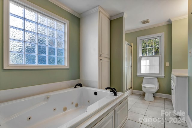 full bathroom with tile patterned flooring, vanity, separate shower and tub, and ornamental molding