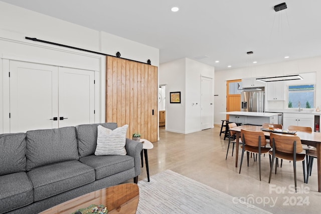 living room with a barn door and sink