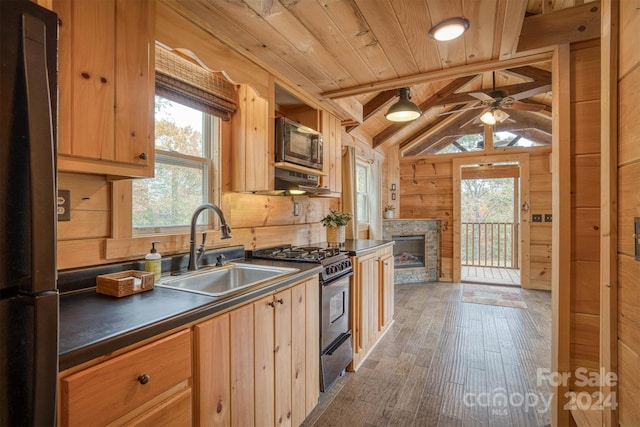 kitchen featuring appliances with stainless steel finishes, vaulted ceiling with beams, a healthy amount of sunlight, and sink