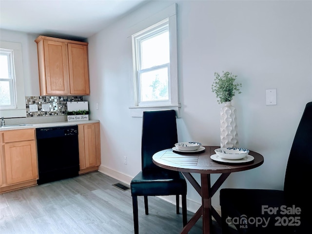 kitchen with plenty of natural light, visible vents, dishwasher, and backsplash