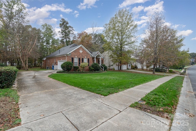 ranch-style house featuring a front yard and a garage