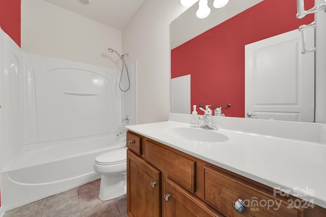 full bathroom featuring shower / tub combination, tile patterned flooring, vanity, and toilet