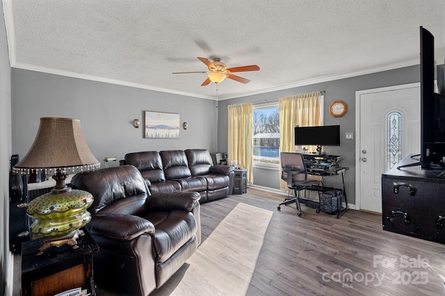 living room with hardwood / wood-style floors, a textured ceiling, ceiling fan, and crown molding