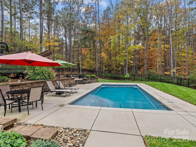 view of swimming pool with a patio and a lawn