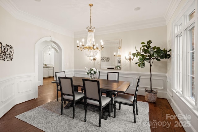 dining area featuring arched walkways, a decorative wall, wood finished floors, ornamental molding, and wainscoting