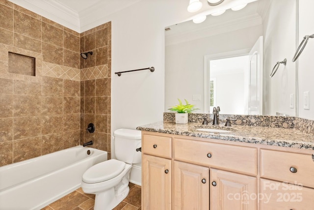 full bathroom with shower / washtub combination, crown molding, vanity, and toilet