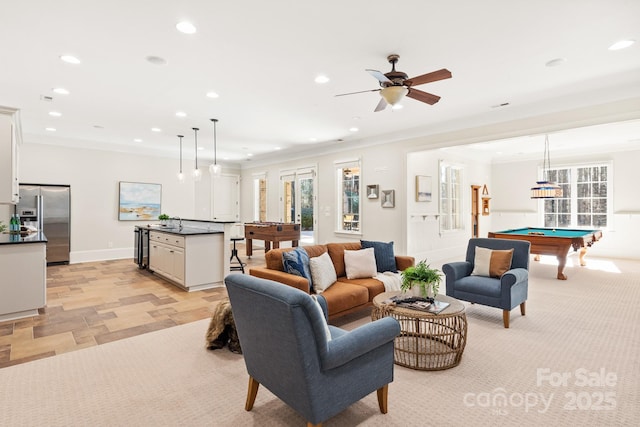 living room with recessed lighting and pool table