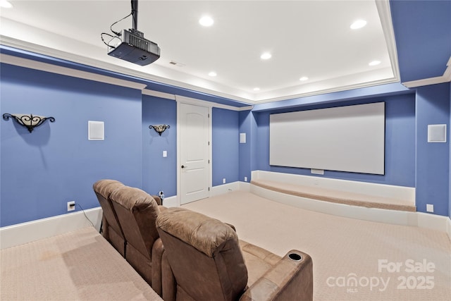 cinema featuring carpet, baseboards, a raised ceiling, and recessed lighting