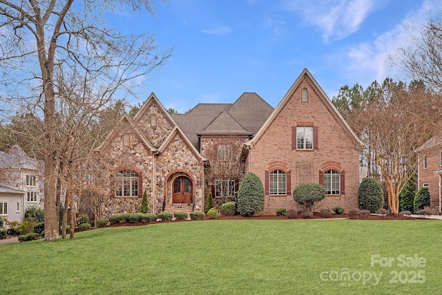 view of front of property featuring a front lawn and brick siding
