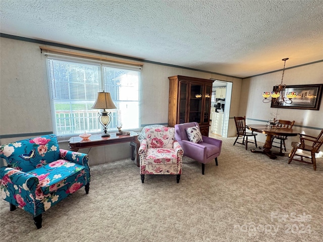 living room with light colored carpet, a textured ceiling, and an inviting chandelier