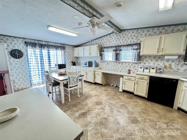 kitchen with a textured ceiling, black dishwasher, ceiling fan, and lofted ceiling