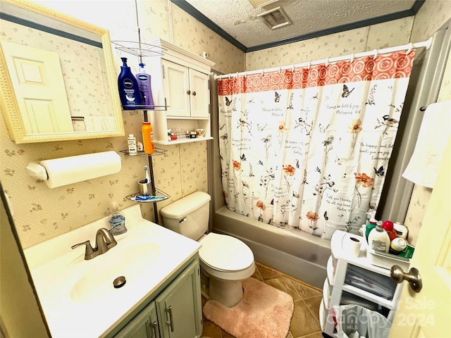 full bathroom with tile patterned flooring, a textured ceiling, toilet, vanity, and shower / tub combo