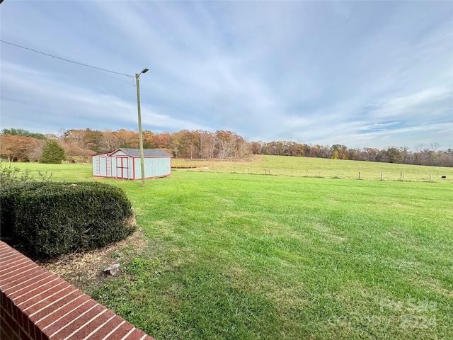 view of yard with a rural view and a storage unit