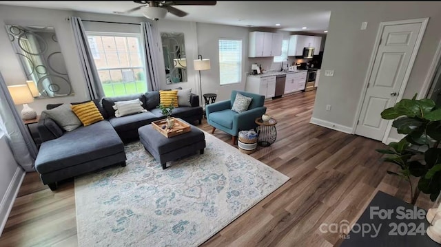 living room with hardwood / wood-style floors, ceiling fan, a healthy amount of sunlight, and sink