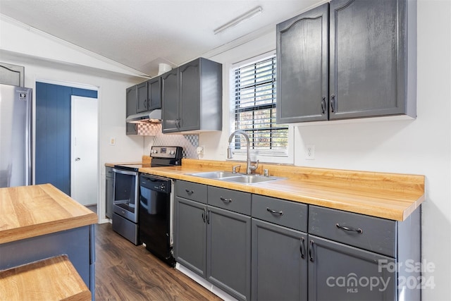 kitchen with dark hardwood / wood-style flooring, stainless steel appliances, sink, butcher block countertops, and lofted ceiling