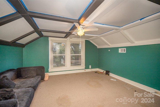 additional living space with carpet floors, ceiling fan, and lofted ceiling