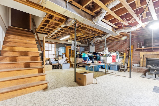 basement with a wood stove