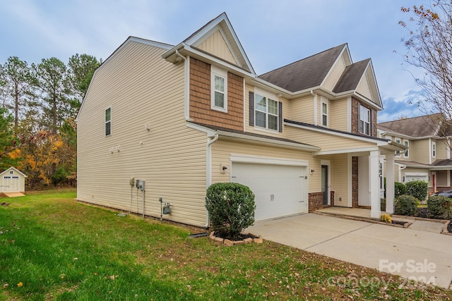 view of property exterior featuring a yard and a garage