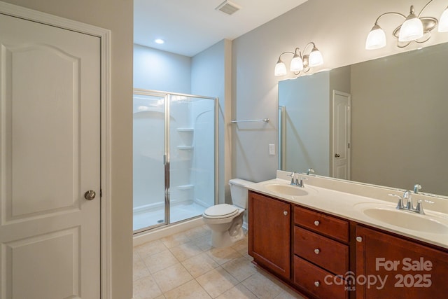 bathroom with toilet, a sink, visible vents, and a shower stall