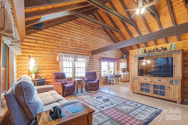 living room with beam ceiling, log walls, high vaulted ceiling, and wooden ceiling