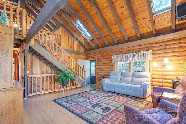 living room featuring wooden ceiling, high vaulted ceiling, rustic walls, beam ceiling, and wood-type flooring